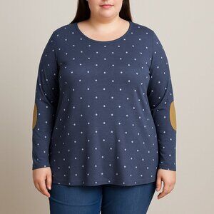 Plus Size 26 Polka Dot Long Sleeve Top Tan Elbow Patch Relaxed Fit NWT